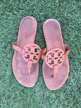 Tory Burch Tan Leather Logo Thong Sandals